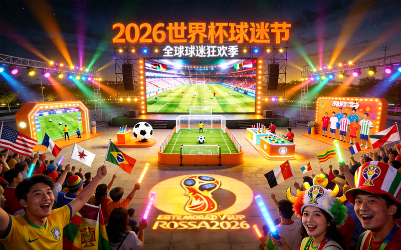 2026世界杯球迷节概念图，大型户外屏幕与互动体验区，营造狂欢氛围