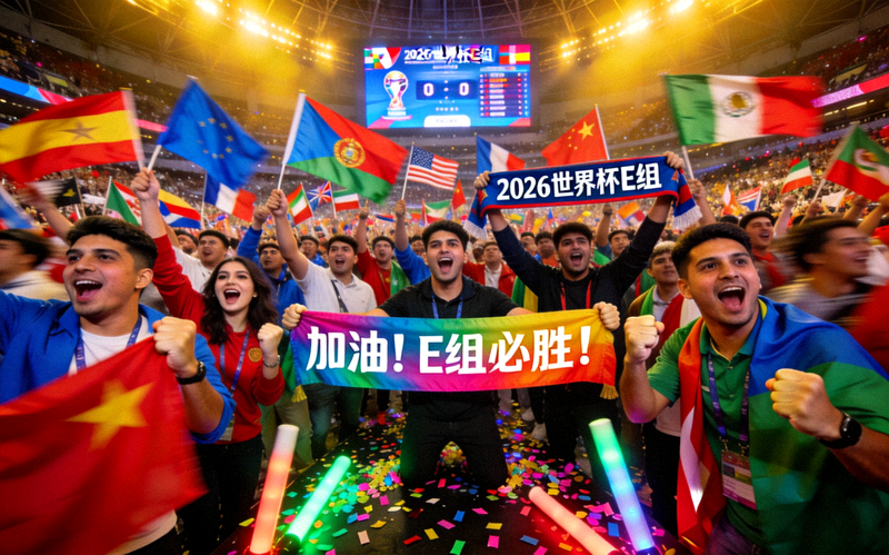 2026世界杯小组赛E组比赛，球迷在看台上挥舞旗帜呐喊助威，现场气氛热烈